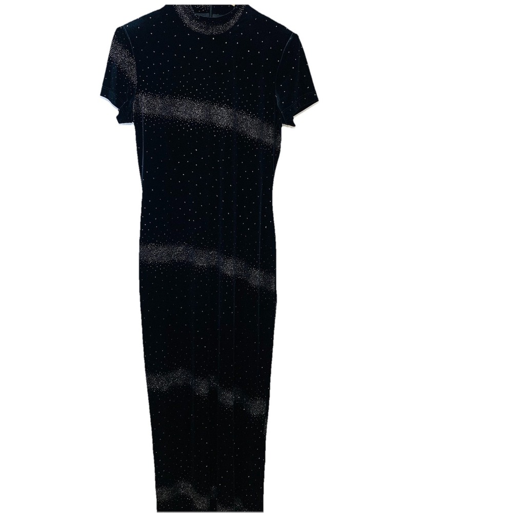 Vintage Jessica Howard Black Velvet Glitter Mock Neck Maxi Dress Gown Size 10